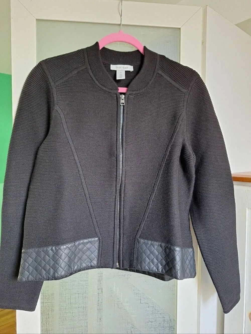 WHBM M Black Sweater Moto Jacket Faux Leather Trim